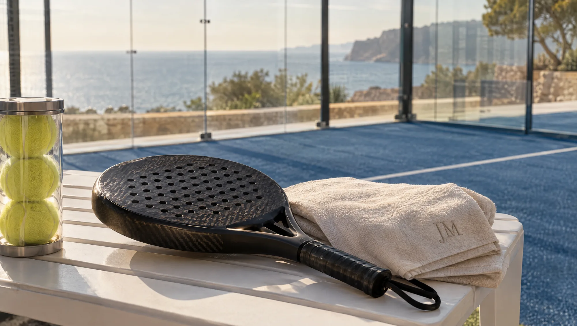 Padel racket, new balls and monogrammed towel by a seafront court in Marbella