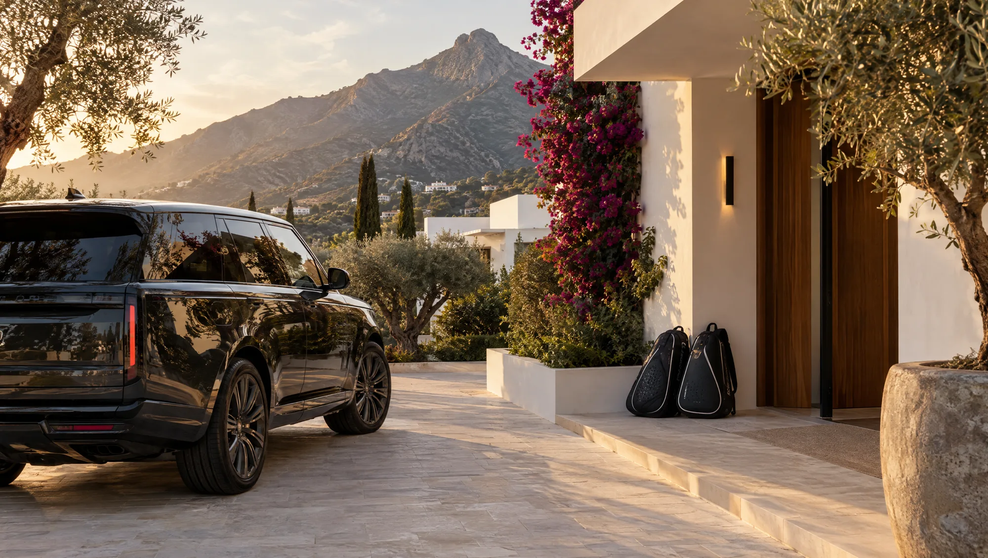 Arriving at a villa in Marbella with padel bags