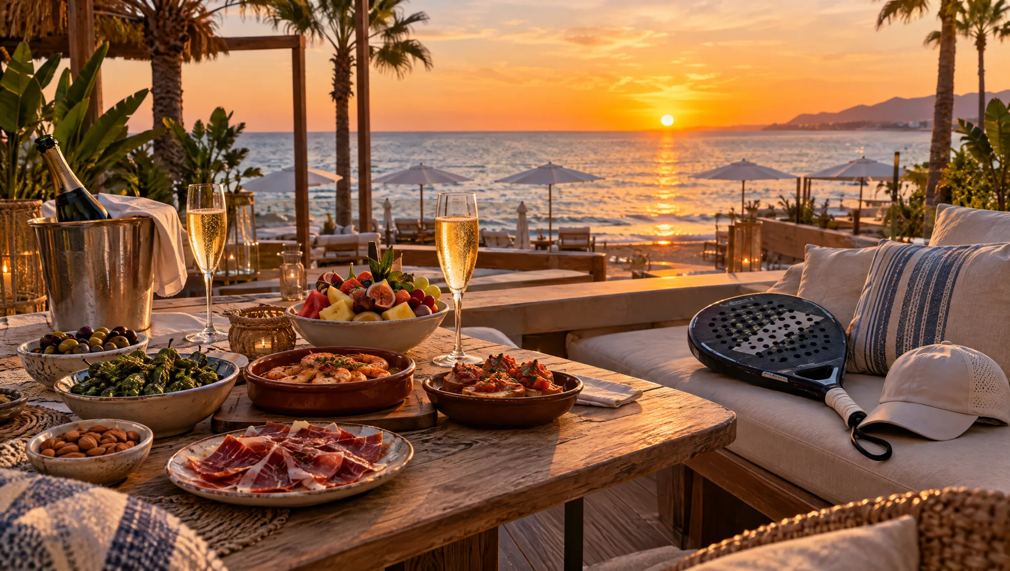 Sunset terrace dinner with Mediterranean food and sea views in Marbella
