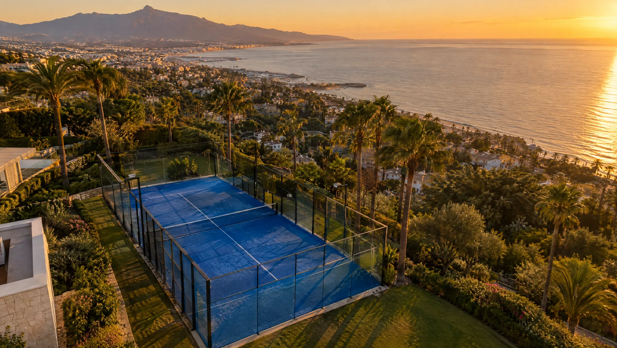 Aerial view of a premium padel court by the Mediterranean at golden hour