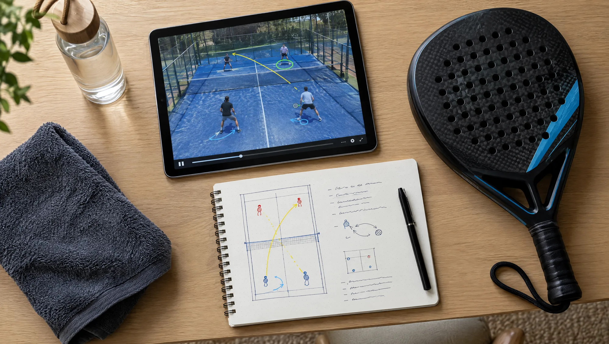 Tablet showing padel video analysis beside the court